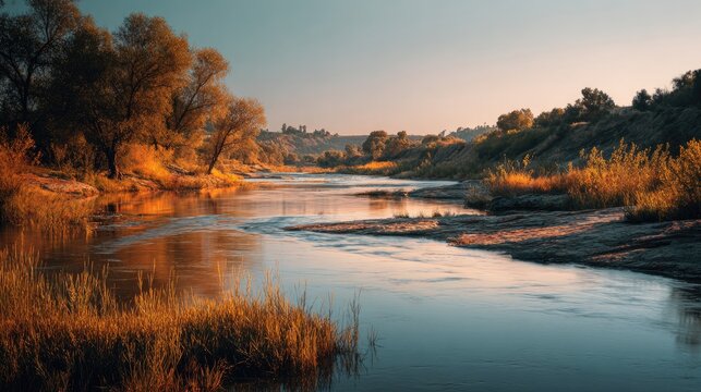 Calm river landscape at sunset with golden reflections scene - Powered by Adobe
