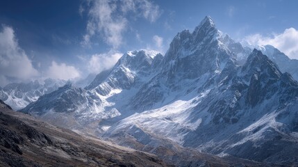 High-altitude mountain landscape jagged peaks deep blue sky wispy clouds vast untouched wilderness adventure vibe