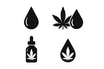 CBD oil drop vector icon set. Hemp oil with cannabis leaf for medical benefits symbol. Marijuana extract, liquid drop and dropper bottle illustration for healthcare and wellness.