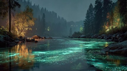 Fantasy river landscape glowing with bioluminescent plants sparkling water under a starry night sky ethereal mist