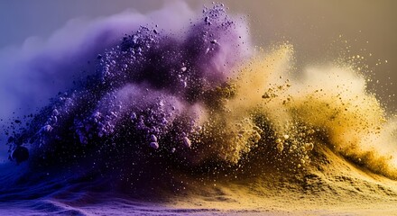 Abstract granular splash background in purple and gold, vibrant explosion