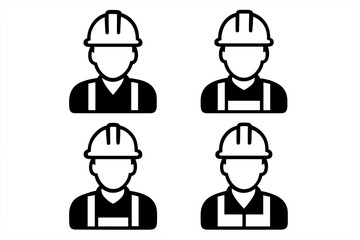 Construction worker icon set. Vector illustration of man with safety helmet. Industrial builder & engineer symbol. Professional employee avatar. Repairman pictogram collection.