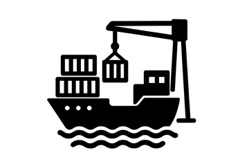 Container ship at port with crane loading cargo. Vector icon for logistics, freight, shipping. Maritime transport, import, export, supply chain. Global trade business symbol.
