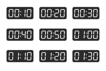 Countdown timer digital clock counter vector illustration set. Electronic number display for time, alarm, watch, scoreboard. Minute and second counter. Coming soon concept.