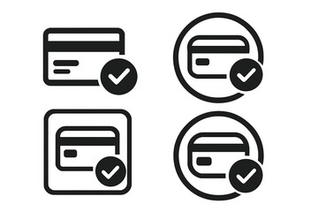 Credit card accepted icon set. Payment approved sign collection. Vector illustration for checkout, transaction, and secure online shopping. Verified purchase and validation symbol.