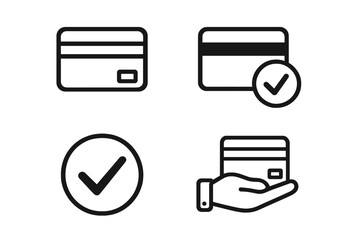 Credit card payment icon set. Vector line art illustration for approved transaction, successful purchase confirmation. Finance, debit card, and contactless payment concept.