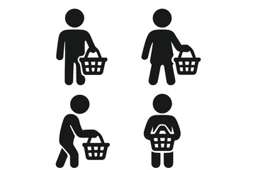 Customer icon set. Shopper with shopping basket symbol. Buyer person pictogram collection. Client silhouette for retail, e-commerce, and consumer concepts. Vector illustration.