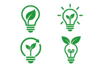 Eco light bulb icon set. Green energy concept with leaf and plant symbols. Renewable, sustainable power and electricity vector signs. Ecology, environment and nature idea logo.