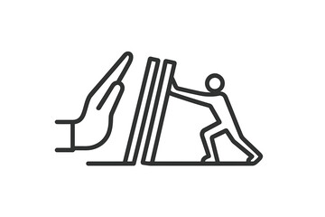 Domino effect line icon. Hand stopping a chain reaction. Metaphor for business crisis management, risk prevention, and support. Problem solving and intervention concept vector.