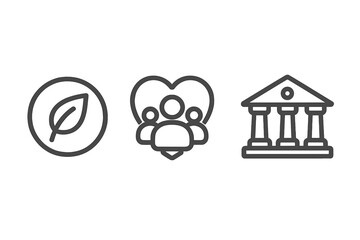 ESG line icon set for Environmental, Social, and Governance principles. Vector illustration for concepts of sustainable and ethical business, corporate responsibility, and investment.