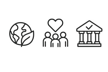 ESG vector icon set for Environmental, Social, and Governance criteria. Sustainable and ethical business concept illustration. Corporate responsibility and impact investment symbols.