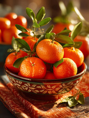 Fresh mandarins and oranges stacked in a decorative bowl at a sunny kitchen