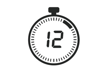 12 seconds digital timer icon, stopwatch countdown symbol, vector illustration transparent background, countdown timer, timer UI, digital stopwatch, time tracking, timer concept