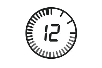12 seconds timer icon. Twelve second digital clock symbol. Countdown vector illustration. Stopwatch counter graphic. Time measurement pictogram. Chronometer watch face element.