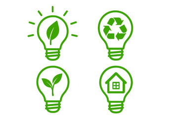 Eco light bulb icon set. Green energy concept. Renewable power, sustainability, and recycling symbols. Vector collection with leaf, plant, and house pictograms isolated.
