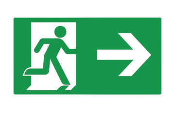 Emergency exit sign right arrow. Running man icon. Vector illustration for safety, evacuation route. Fire escape symbol. Green warning pictogram. Way out direction guidance.