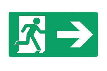 Emergency exit sign with right arrow. Safety evacuation route symbol for public buildings. Green warning icon for fire security and escape. Way out directional pointer vector.