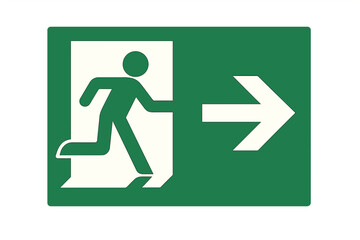 Emergency exit sign with running man icon and right arrow. Fire escape route symbol for safety and evacuation. Green warning pictogram for public buildings. Vector illustration.