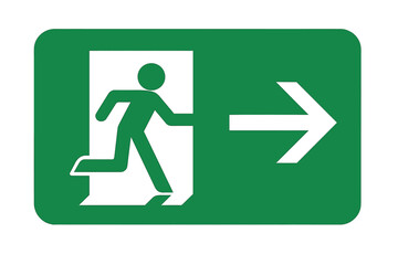 Emergency exit sign right arrow. Green safety guidance symbol with running man icon. Vector pictogram for fire escape and evacuation route. Way out information concept.