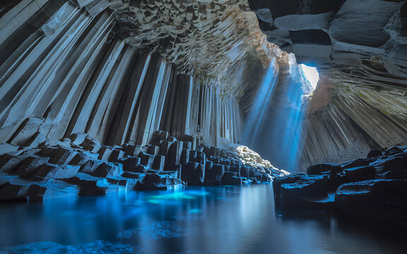 Mystical Light in an Ice Cave Natural Wonder Sunlight Illuminating Crystal Blue Water Reflecting off Hexagonal Basalt Columns - Powered by Adobe