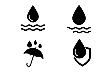 IPX4 Waterproof Symbol Vector Icons Set. Water Resistant and Rainproof Badge Label Signs. Water Drop, Umbrella Shield Protection Concepts. Fluid Resistant Iconography for Packaging and Electronics