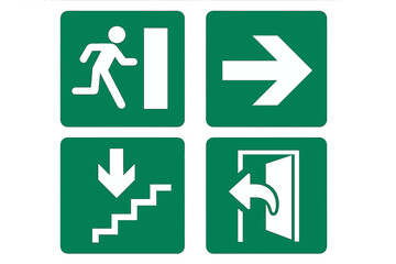 Set of green emergency exit signs. Evacuation route pictograms. Safety and fire escape icons. Vector illustration with running man, arrow, stairs and open door symbols.