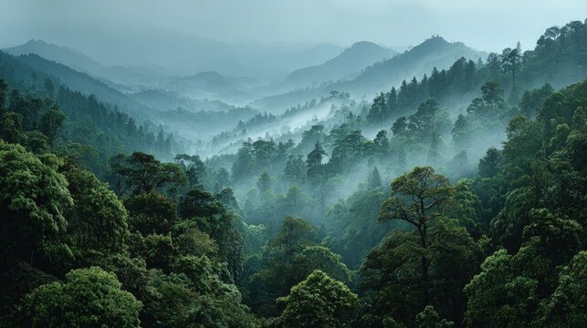 Tropical forest landscape lush green canopy colorful birds misty air vibrant flora exotic and desirable