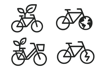 Bike vector icon set. Ecological alternative transportation. E-bike, green energy, and sustainable urban mobility symbols. Eco friendly bicycle with plant and planet earth.