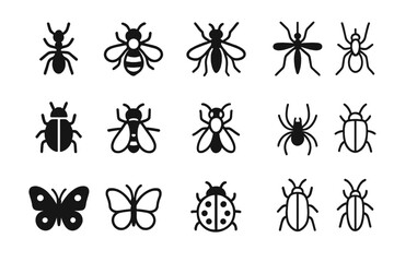 Insect icon set. Big collection of bug symbols like ant, bee, mosquito, fly, spider, butterfly, ladybug and beetle. Solid and outline vector icons. Entomology pictograms.