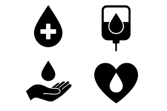 Blood donation icon set. Medical symbol collection for charity and healthcare. Vector icons of blood drop, transfusion bag, hand and heart for world donor day concept. - Powered by Adobe