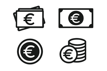 Euro money icon set, vector illustration with transparent background, currency symbols stack of coins and banknotes, euro coin and cash symbols, financial and banking graphic design