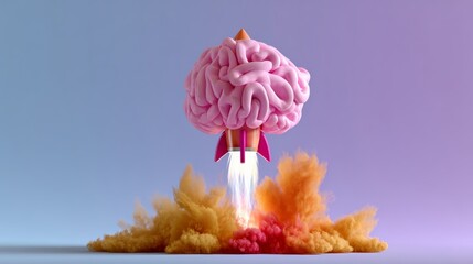 Pink rocket with a brain on top of it is flying through a cloud of orange and yellow smoke. The rocket is surrounded by a lot of smoke, which gives the image a sense of chaos and excitement