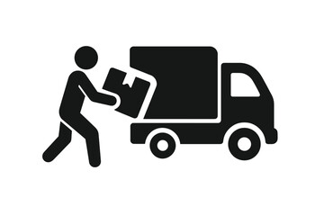 Man loading box in truck. Moving house service icon. Delivery, shipping, and logistics concept. Person carrying package to van. Courier cargo transport vector pictogram.