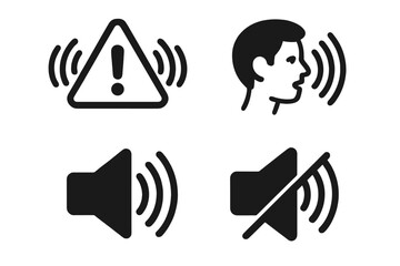 Noise disturbance icon set, loud sound warning symbols, sound volume control design vector, speaker volume, mute and voice alert concept, black graphic elements on white background
