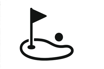 Golf icon vector symbol. Golf ball on the green next to the hole with flagstick. Golf course element. Sport game illustration. Simple pictogram for golf club or competition.