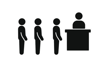 Queue icon sign with people standing and waiting in line in front of counter, vector illustration, transparent background, ordered set for service, customer line waiting concept