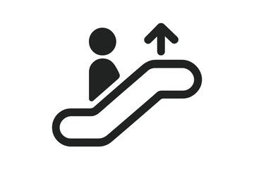 Escalator up icon with person symbol. Vector for public transport, subway, or airport signage. Concept of progress, growth, and moving forward. Black and white pictogram.