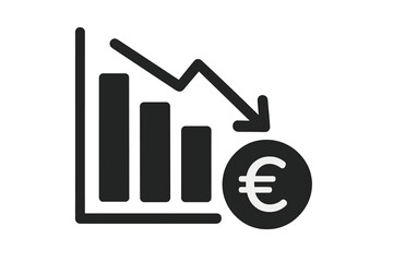 Euro loss graph vector icon. Symbol of financial crisis, recession, inflation. Decreasing arrow on chart concept. Stock market crash, investment expenses down, devaluation.