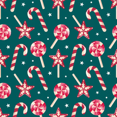 Seamless pattern featuring festive Christmas candy canes and stars. Delightful design perfect for holiday-themed projects, wrapping paper, or seasonal decorations, capturing the spirit of celebration.