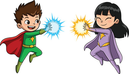 Cartoon superhero kids with glowing energy powers, boy star hero illustration, girl star protector, fantasy action artwork, children superhero mascot design © Mst Hosnara Khatun