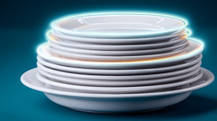 Stack of white plates with a blue background. The plates are stacked on top of each other, creating a sense of depth and dimension. The blue background adds a cool and calming tone to the image