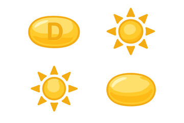 Vitamin D golden capsule vector set with sun symbol, dietary supplement icons, health and wellness illustration collection with transparent background, ordered design