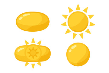 Vitamin D supplement vector set, golden diet capsules with sun symbol illustration, health and wellness icons, transparent background, bright dietary pills collection