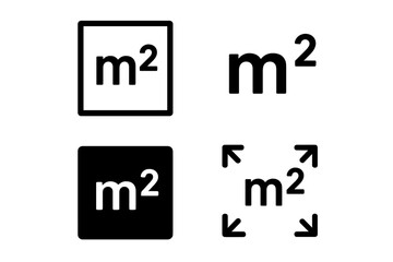 Vector set of square meter m² icons, symbols for measuring area, surface size, dimension units, black and white vector illustrations with transparent background, ordered design elements