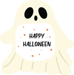 Halloween invitation with a  ghost holding a sign and a center cutout for date, time, and place; ideal for party invitations, RSVP, flyers, posters, printable kits, classroom materials, social events 