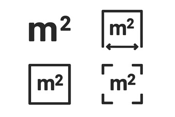 Square meter symbol icon set, m² measurement unit vector illustration, area size and surface dimension signs, black geometric design, transparent background, ordered set