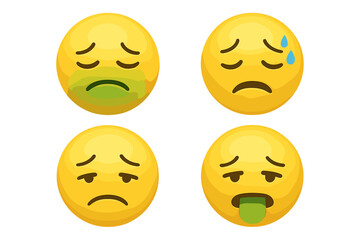 Fototapeta premium Set of sick emojis with unwell and uncomfortable expressions, nauseous, sweating, and vomiting emoticons, vector illustration with transparent background, distress and illness emotions