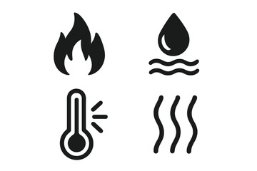 Hot icon set. Heat symbol collection. Vector fire flame, hot water drop, high temperature thermometer, steam and vapor sign. Simple black glyph pictogram for web and app design.