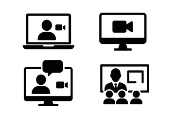 Webinar and Video Conference Icon Set, Isolated Black Silhouettes of Online Meeting, Virtual Communication Symbols, Business Video Chat, Digital Training, Remote Collaboration