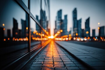 Futuristic cityscape view with glowing streets and skyscrapers under deep blue twilight.
